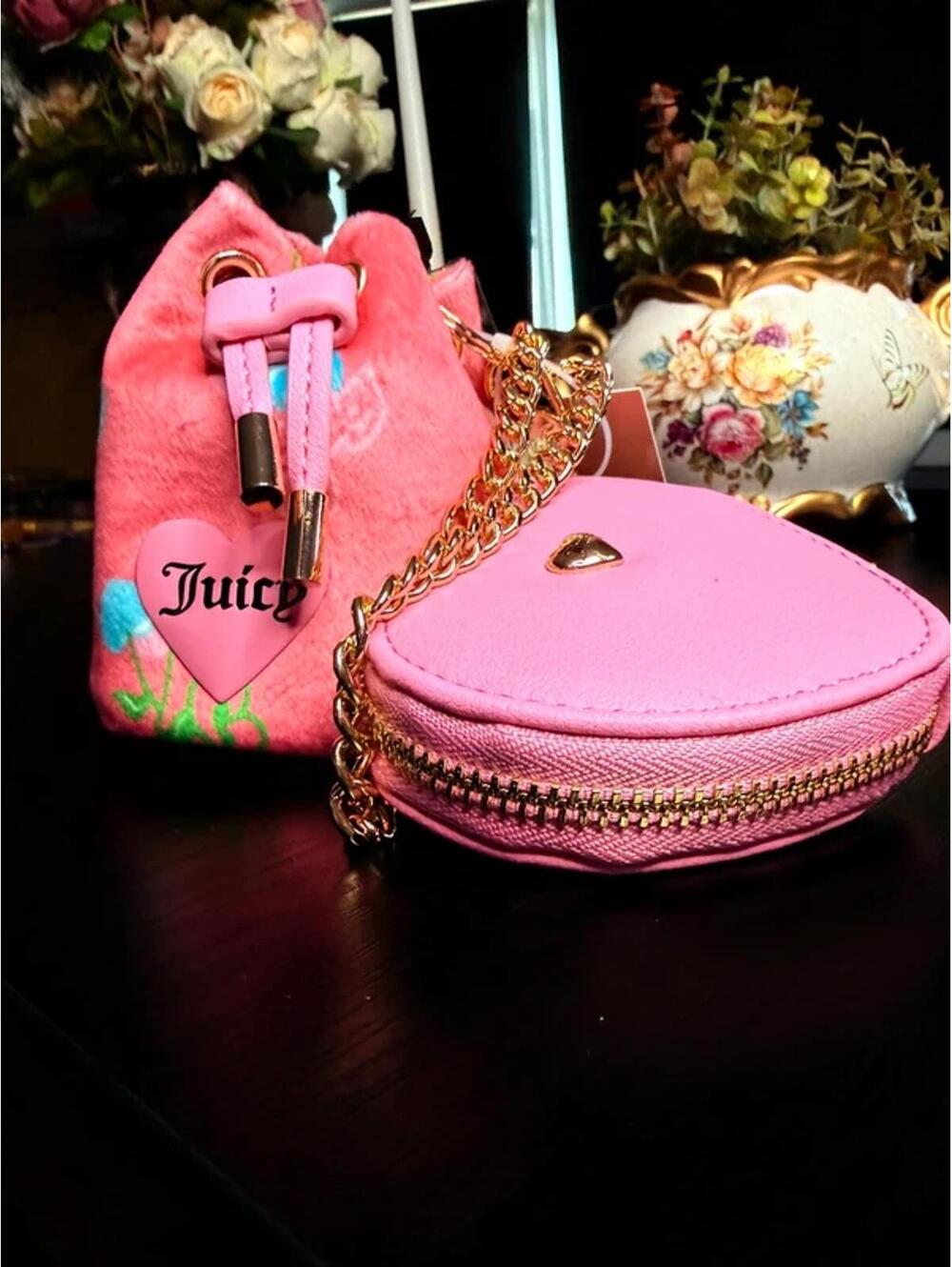 Juicy Couture Cherry Micro Bag & Heart Coin Purse Charm Set Pink NWT